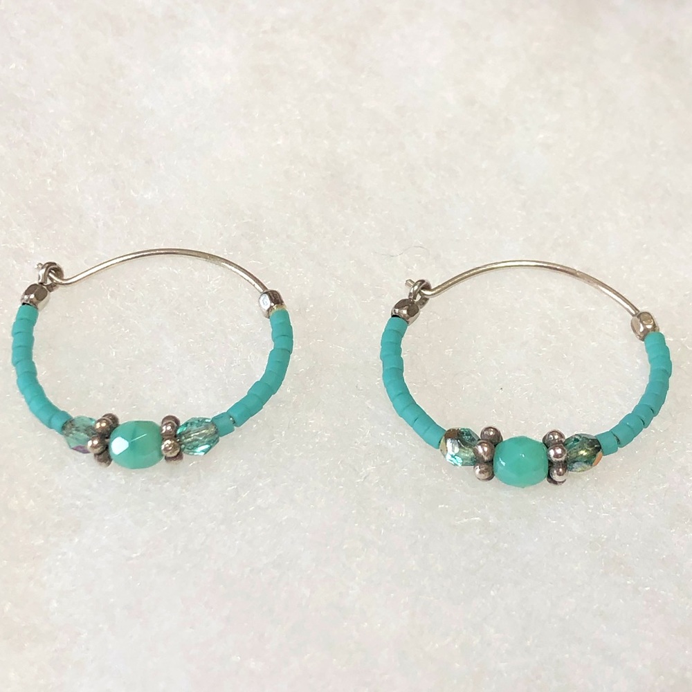 Turquoise Beaded Silver Hoop Earrings